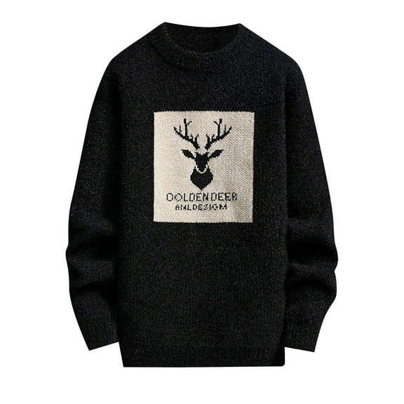 HKEJIAOI Men's Sweaters Trendy Christmas Deer Print Sweater Base Loose Knitted Fleece Long Sleeves Business Casual Pullovers