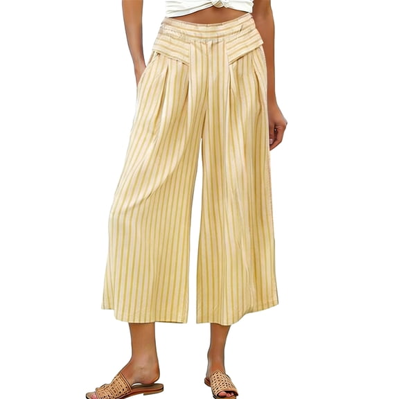BUIGTTKLOP Capri Pants for Women Striped High Waisted Lounge Pants Striped Wide Leg Summer Cropped Trousers