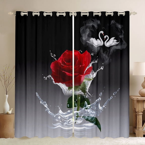 Homewish Valentine'S Day Rose Blackout Curtains Set of 2 (52x84 Each),Romance Flower Floral Window Curtains,Red Gray Curtains and Drapes For Men Women,Luxury Bedroom Decor