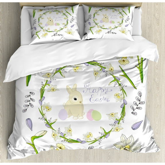 Ambesonne Easter Bunny Duvet Cover Set, Innocent Easter Art, King, Apple Green Lavender Blue