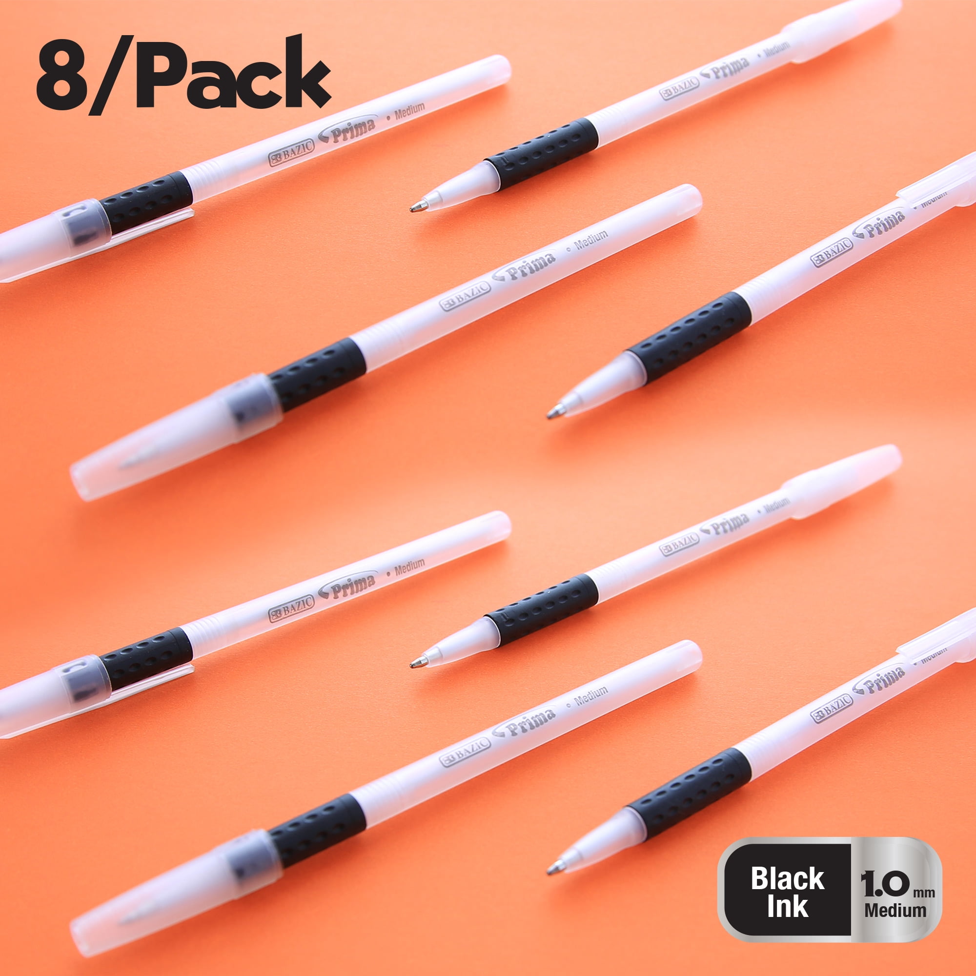 BAZIC Ballpoint Prima Black Stick Pens, Soft Grip 1.0 mm, (8/Pack), 1-Pack
