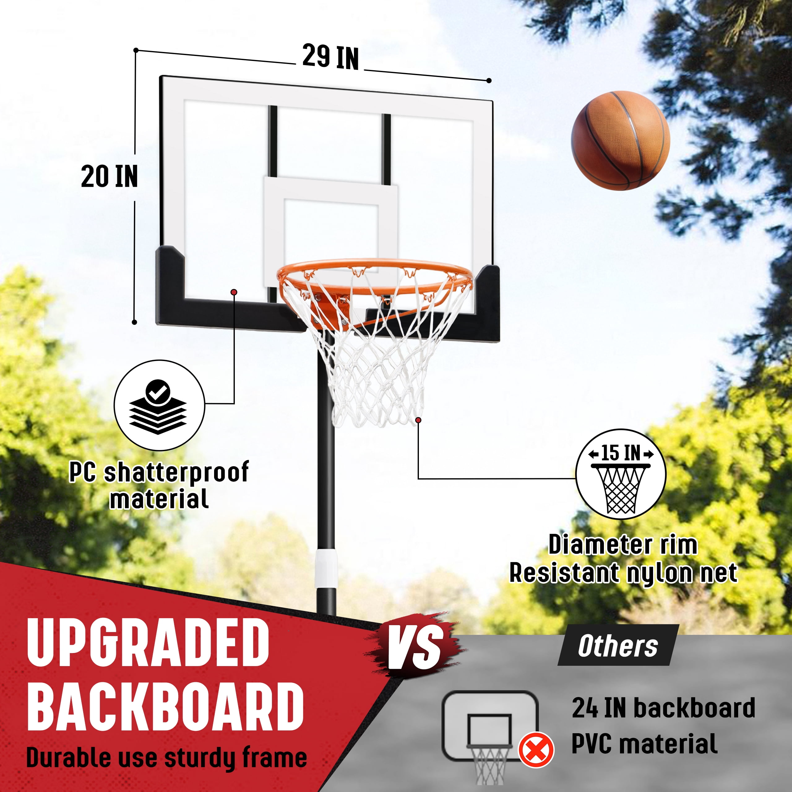 SERAY Adjustable Basketball Hoop for Kids, Teens & Adults, 3.2-7.2 feet Height, Portable Basketball Goal with 29 inch Backboard & 2 Wheels for Indoor & Outdoor Use