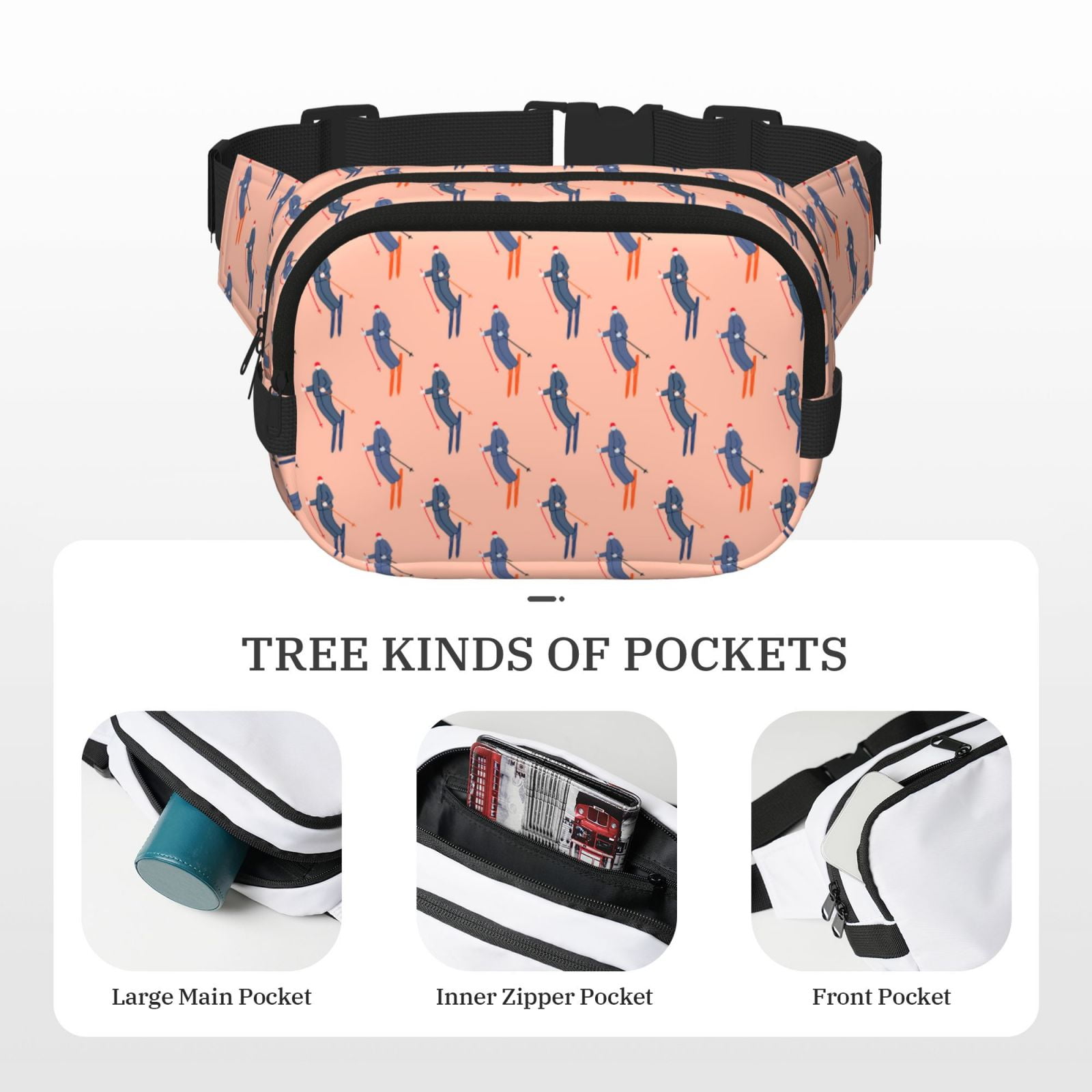 Picia Winter Skiing Adventure Print Square Double-Layer Waist Bag Mini Adjustable Waist Belt Bag Exercise Running Travel Hiking