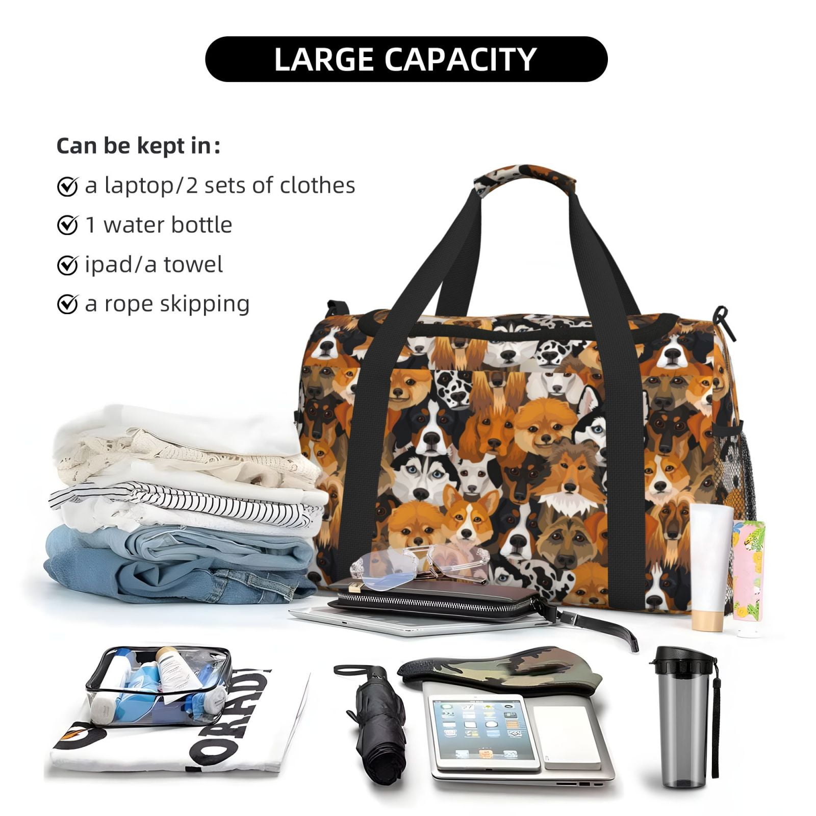 Picia Dogs Different Breeds Print Travel Duffle Bag,Weekender Bags for Women with Shoe Compartment, Gym Duffel Bag with Wet Pocket, Hospital Bags for Labor and Delivery