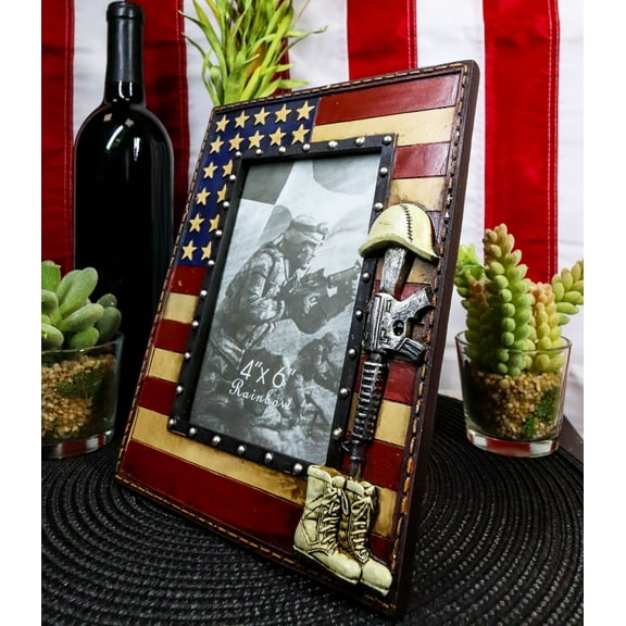 Western Stars USA Flag Fallen Soldier Boots Rifle Helmet Picture Frame 4"X6"