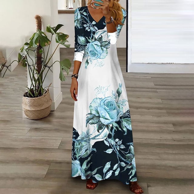 CHUANK Robes pour Femmes Femmes Décontracté Été Mode Imprimé Boutons Manches Longues Col en V Robe Chandail