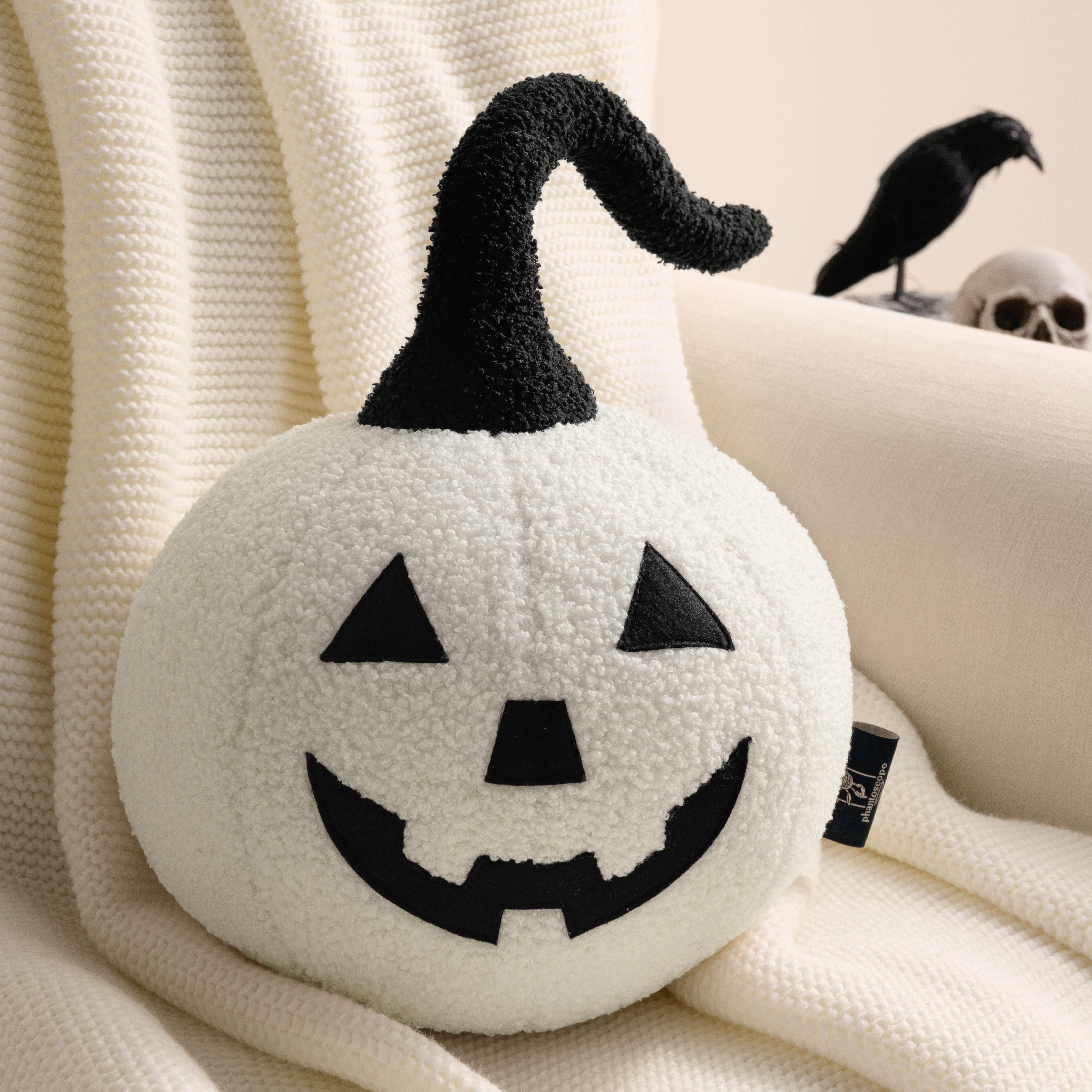 Phantoscope Halloween Pumpkin Shaped Throw Pillow, Jack-o’-Lantern Face, Soft Teddy Fleece Decorative Pillow, Off White, 9.5 x 9.5 in