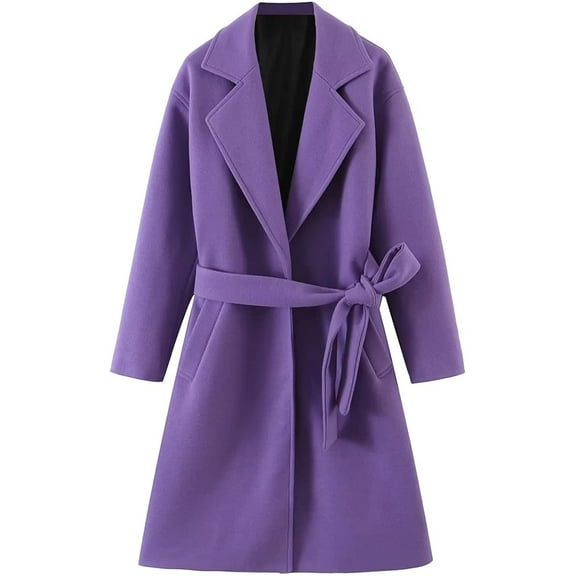 Kukuzhu Women's Wool Blend Trench Coat Lapel Collar Wrap Wool Coat with Belt