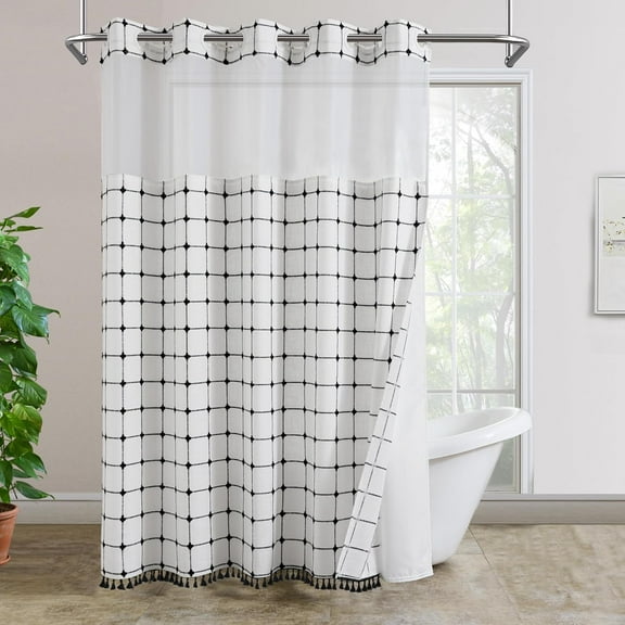 No Hook Shower Curtain with Snap in Fabric Liner Set, Boho Farmhouse Black and White Woven Jacquard Grid Shower Curtain for Bathroom with Tassel, Checkered Pattern, 71" W x 74" L