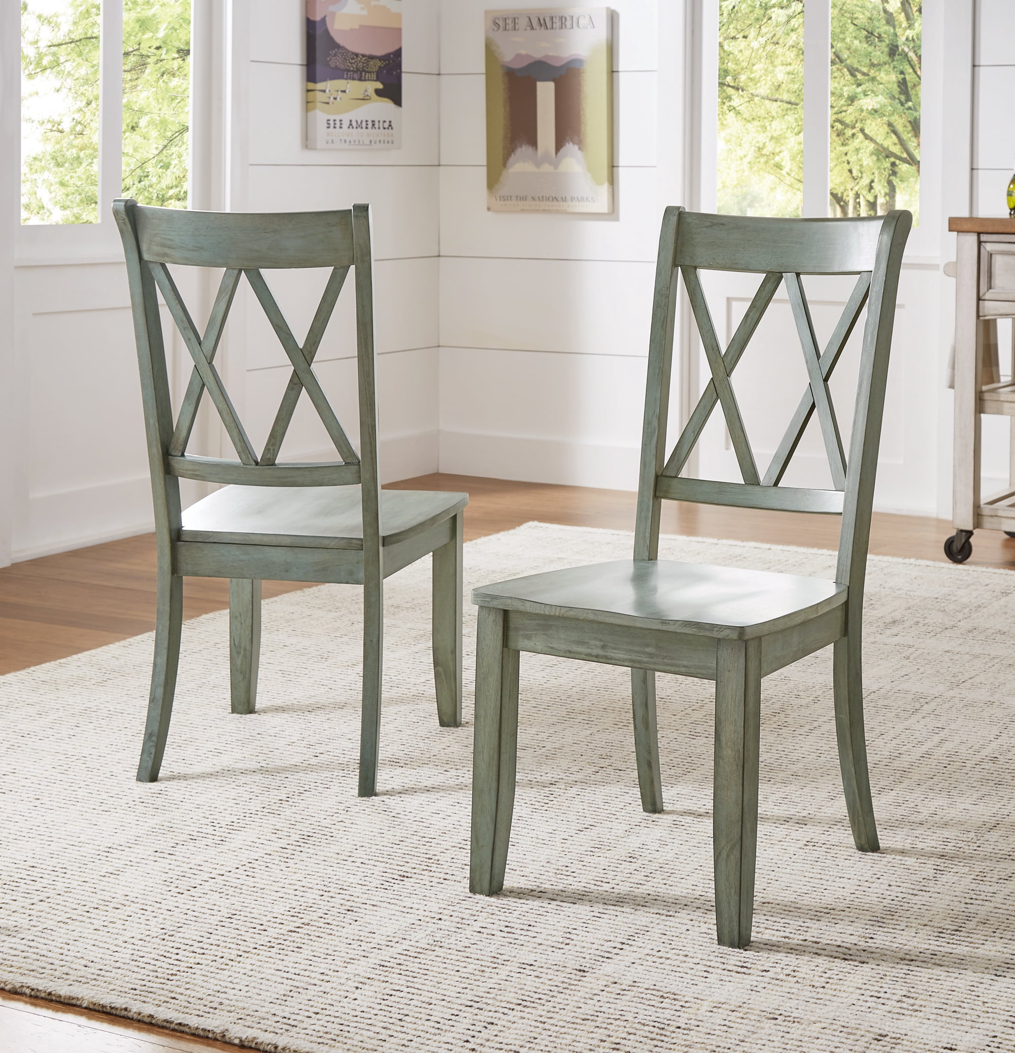 Weston Home Farmhouse Wood Dining Side Chair, Antique Sage (Set of 2)
