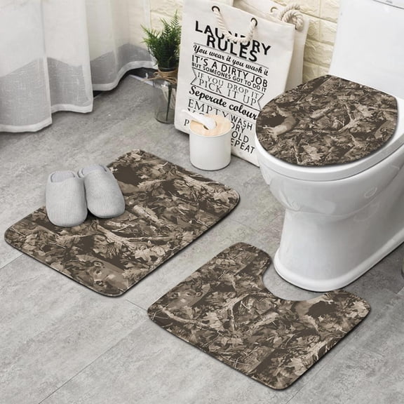 Brown Camo Deer Tree Pattern Bathroom Rugs Sets 3 Piece,Toilet Cover Set,Absorbent Non Slip Bathroom Mats Sets with U-Shaped Contour Rug Toilet Rug Set