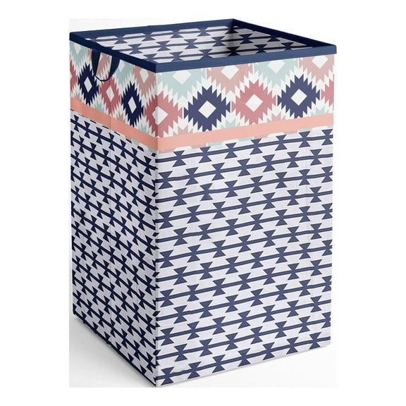 Bacati Collapsible Cotton Percale Fabric Laundry Hamper, Aztec Emma Coral