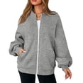thumbnail image 7 of Women's Zip Up Sweatshirts No Hood Long Sleeve Solid Sweatshirts Casual Spring Fall Lightweight Oversized Bomber Jackets, 3XL, 7 of 7