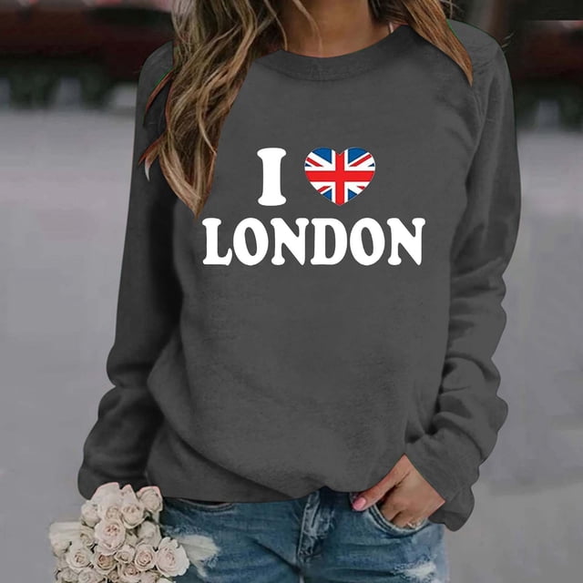 TINZ Chandail de Sport Décontracté pour Femmes, Style Britannique à la Mode avec Lettres Imprimées, Col Rond, Manches Longues (2) Veste Ajustée avec Capuchon Manteau Femme Fermeture Éclair devant Chandail à Capuchon à Fermeture à Glissière Femme