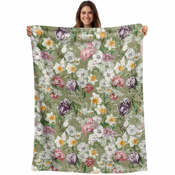 Sage Green Botanical Blanket Soft Cozy Warm Throw Blanket for Couch, Plush Fuzzy Flannel Fleece Blankets for Sofa, Spring Floral Summer Botanical Vintage Bed Blankets Gifts for Men, 32"x48"