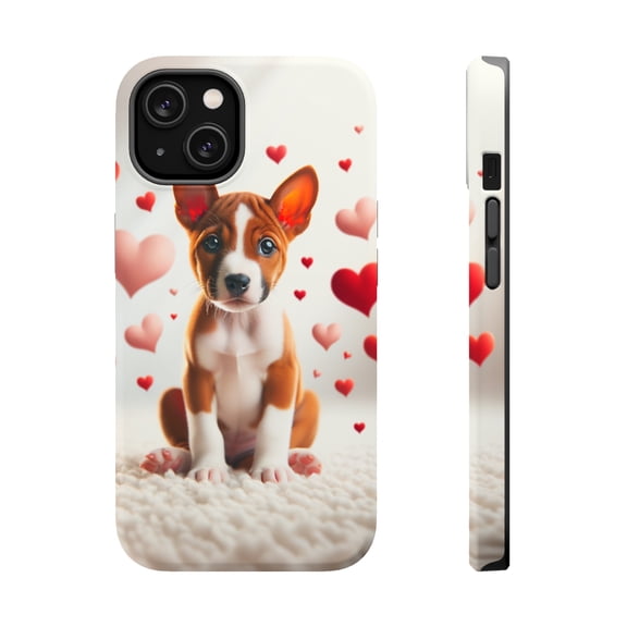 DistinctInk Tough Case for Apple iPhone 15 PLUS (6.7" Screen), Compatible with MagSafe Charging - Valentine's Day Basenji Puppy