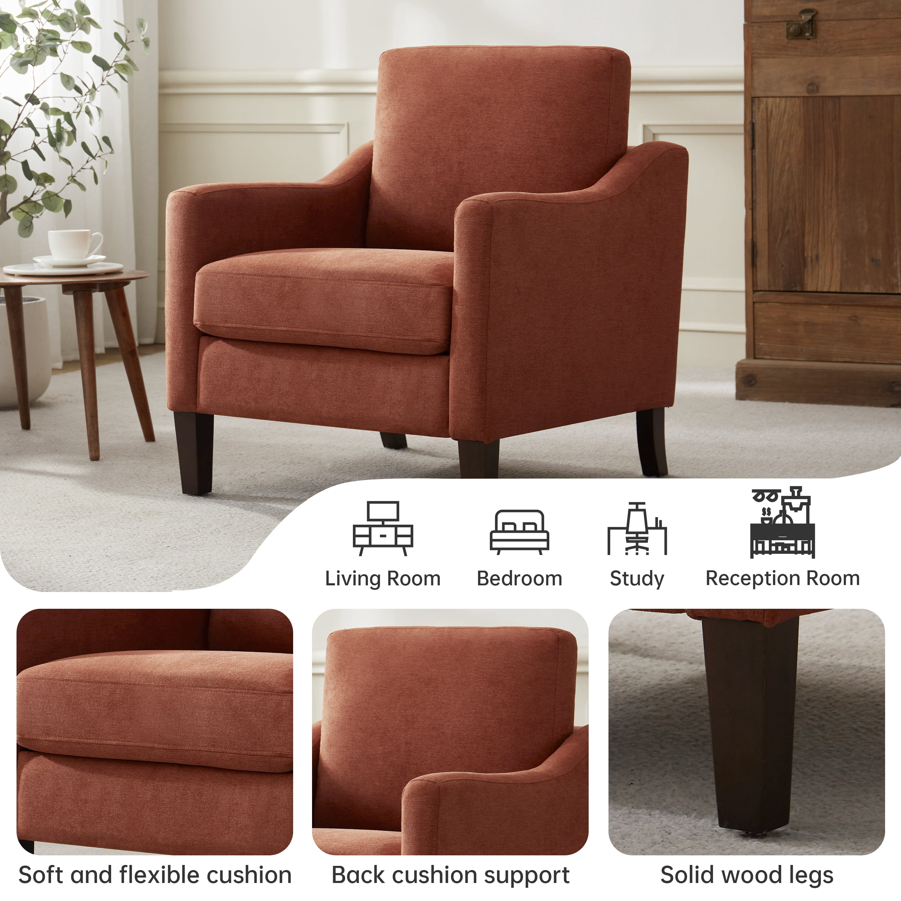Vknow Furniture Mid Century Modern Upholstered Accent Chairs Set of 2 for Living Room,Orange