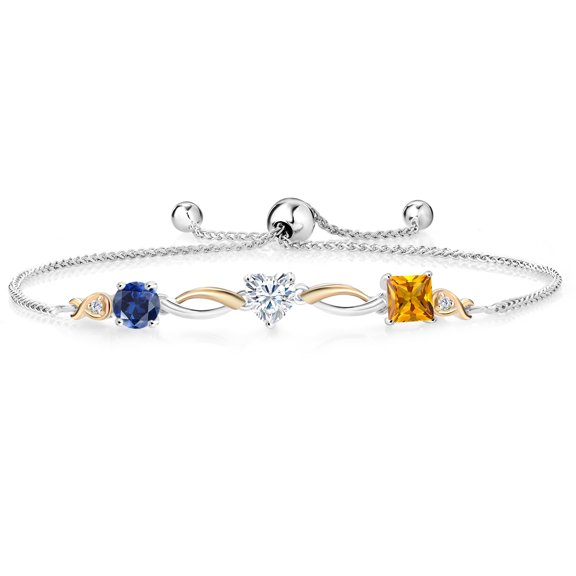 Gem Stone King 925 Silver and 10K Yellow Gold Blue Created Sapphire Moissanite Yellow Citrine and Lab Grown Diamond Tennis Bracelet for Women By Keren Hanan (2.00 cttw, Adjustable up To 9 inch)
