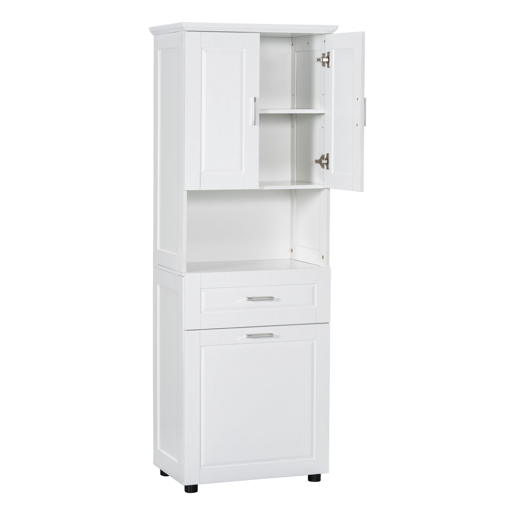 Leumius 70" Tall Bathroom Storage Cabinet with Drawer & Laundry Basket，Modern Freestanding Tilt-Out Laundry Hamper and Upper Storage Cabinet,White