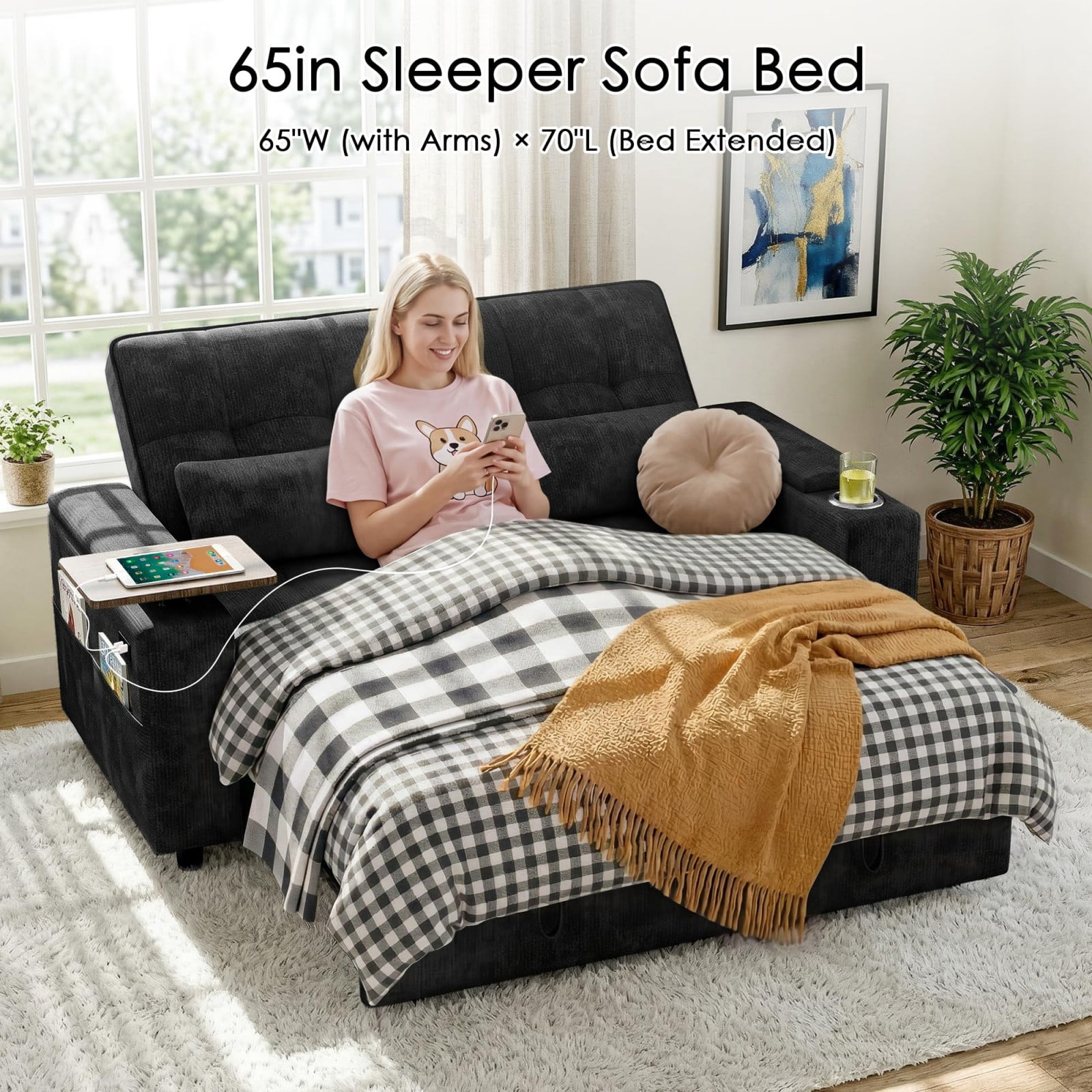 65" Sleeper Sofa Bed, 3 in 1 Convertible Pull Out Couch with Chenille Fabric, USB Ports, Storage Arms, Adjustable Backrest for Apartment Living Room, Black