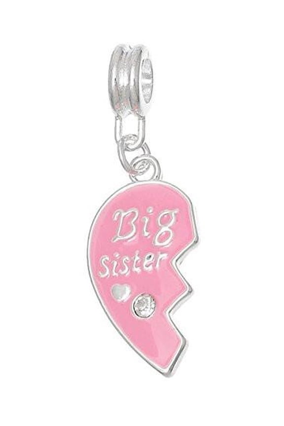 Big Sister Pink Heart with Crystal Dangle Charm European Bead Compatible for Most European Snake Chain Bracelet