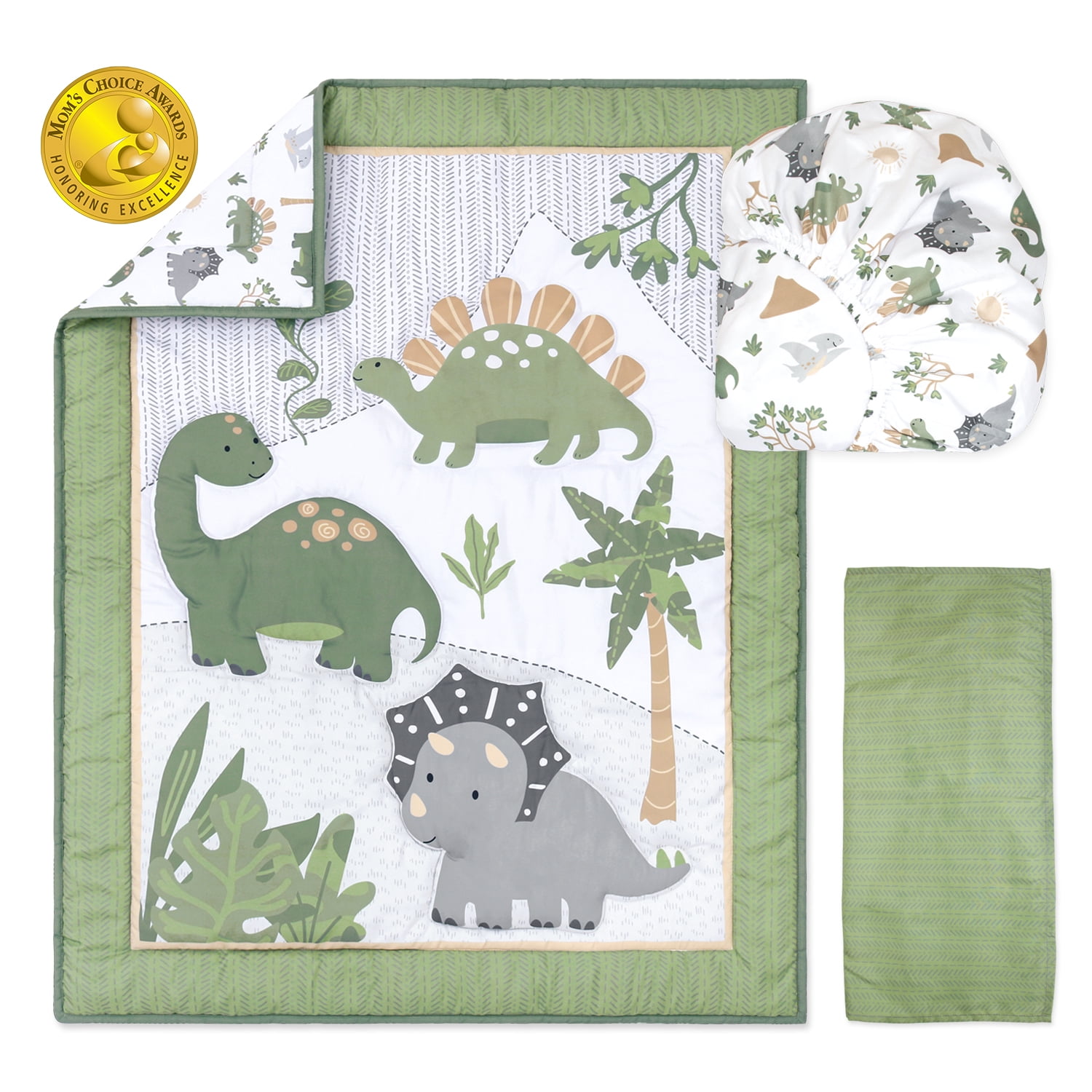 The Peanutshell Green Dinosaur Dreams Crib Bedding Set for Baby Boys, 3 Piece Nursery Set