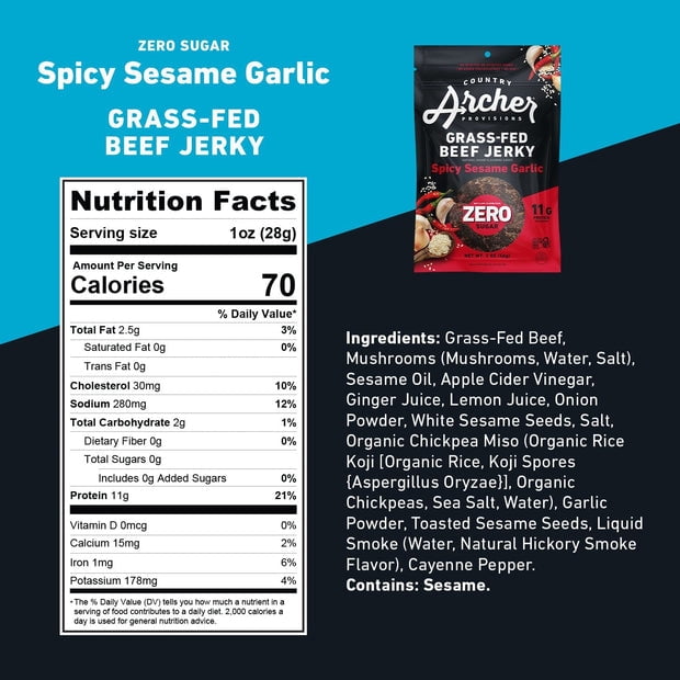 Pack of 12, Country Archer Zero Sugar Spicy Sesame Garlic Beef Jerky, 2 oz