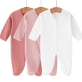 thumbnail image 2 of Fengactive Infant Baby Boys Girls 3 PCS Spring Summer Ribbed Footed Jumpsuit V Neck Full Snap Long Sleeve Soft Stretchy Newborn Sleep Romper Set, 2 of 5