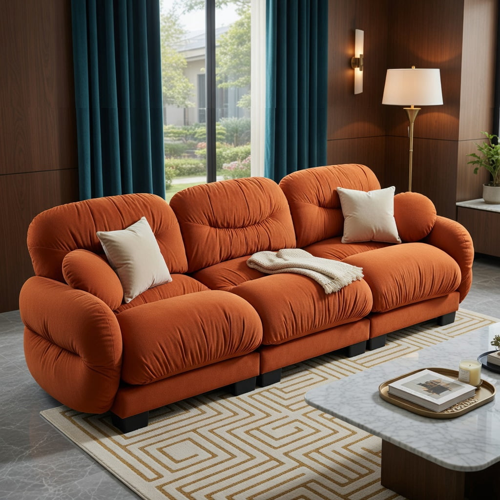 Hommoo Chenille 3-Seater Modular Sofa with Pleated Back, Ergonomic High-Density Foam & Curved Armrests, Includes 2 Round Throw Pillows, Orange