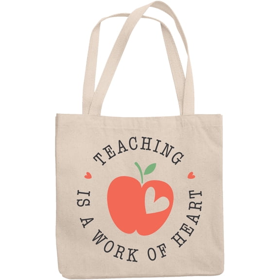 Teaching Is a Work of Heart Quote with Apple Art, Teacher Merch Gift, 12oz Canvas Tote Bag