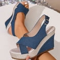 thumbnail image 5 of Wedges Heels for Women Open Toe Denim Platform Sandals Antislip Casual Ankle Strap Summer Pumps Dress Shoes Blue Size 7, 5 of 8