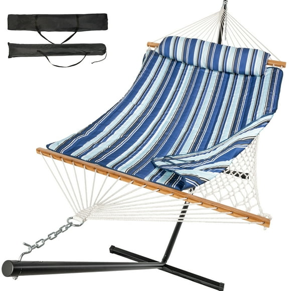 MIHOVER Heavy Duty Double Hammock with Stand - 500 lbs Capacity, Easy Setup & Detachable Pillow for Indoor/Outdoor Relaxation