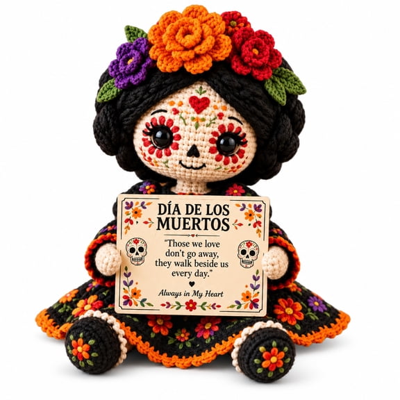 Day of the Dead Crochet Doll Handmade Sugar Skull Figure with Memorial Card Floral Mexican Altar Tabletop Decoration