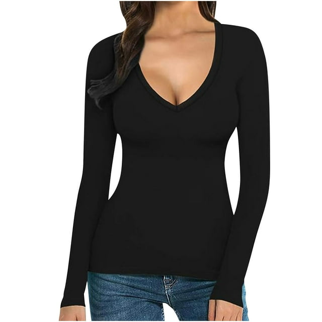 AherBiu Womens Tops Fall Long Sleeve Basic Layering Tee Shirts V Neck Slim Fitted Stretchy Comfy Tshirts