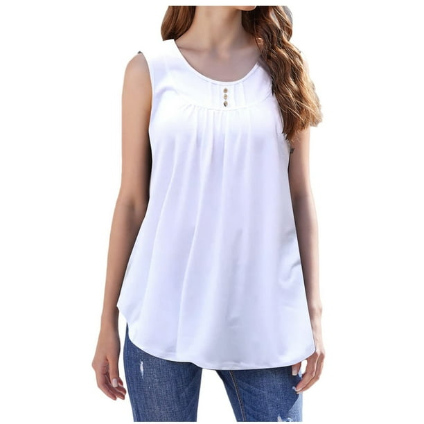 Tops de cuello redondo sin mangas a la moda para mujer, camisas casuales sólidas, blusa, botones, chaleco Pompotops lopia991781