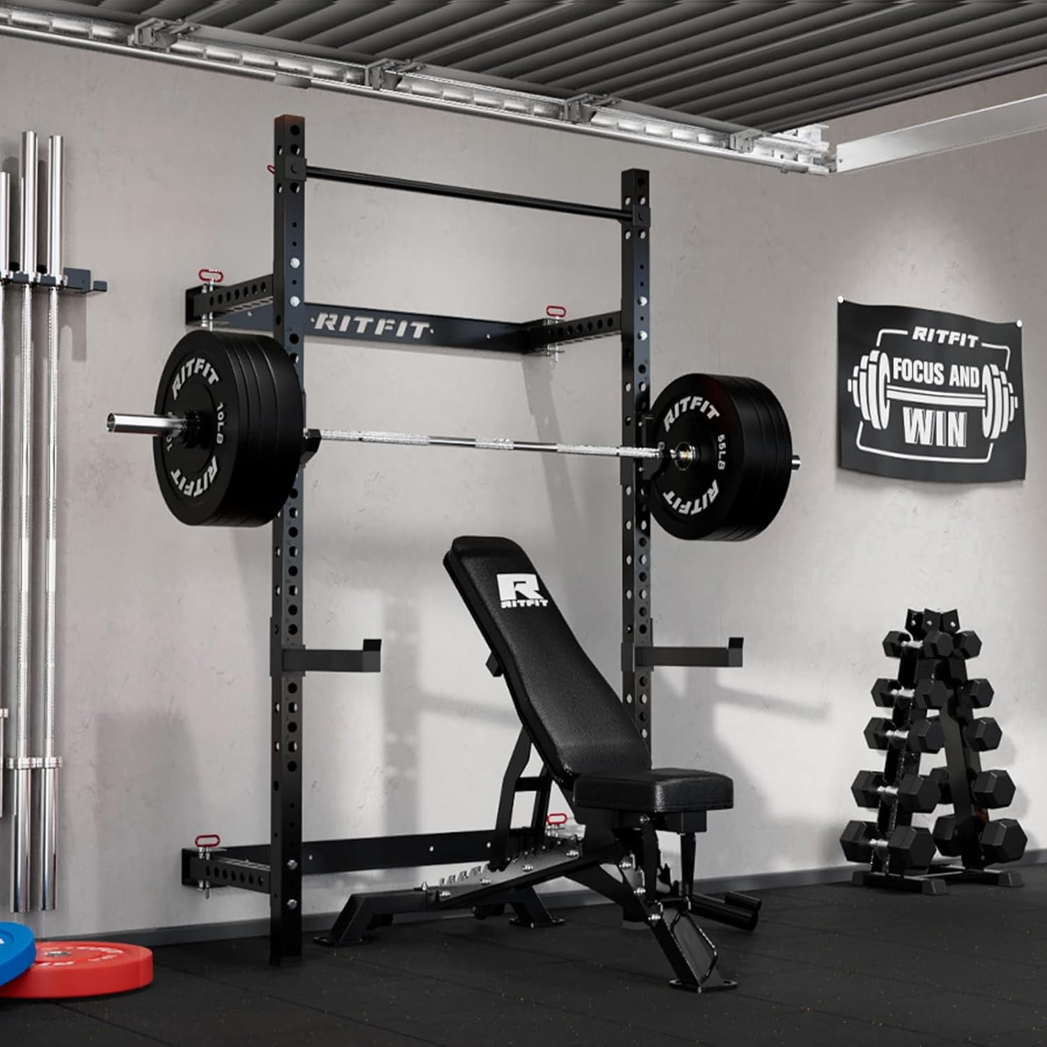 RitFit Multi-Functional Folding Squat Rack for Home Gym, 2.36'' x 2.36'' Wall Mounted Squat Power Rack with Safety Bar & Attachments - Space Saving, Black