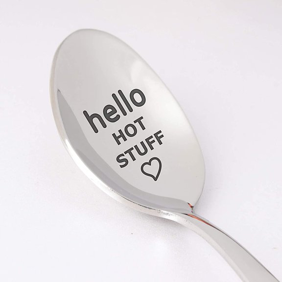 Engraved Spoon - Wife gift | Valentines Day | Boyfriend Gag Gifts Women | Romantic Wedding Anniversary or Birthday Gifts for Girlfriend - Hello Hot Stuff Coffee Teaspoon Gift for Her - 7 Inch