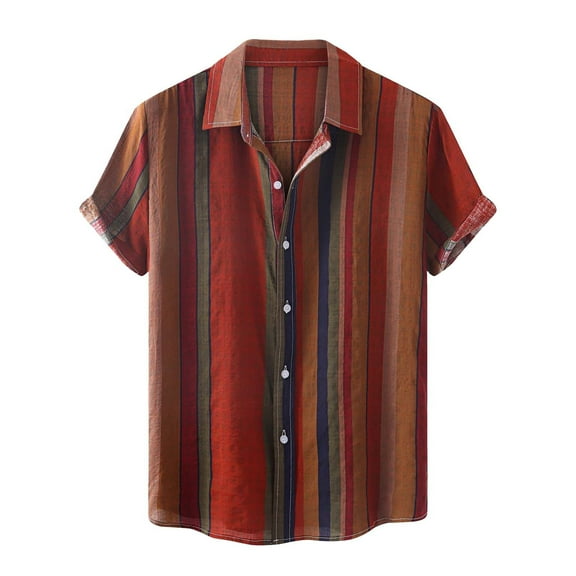 IROINNID Men's Stripe Lapel Casual Short Sleeve Daily Top Shirt