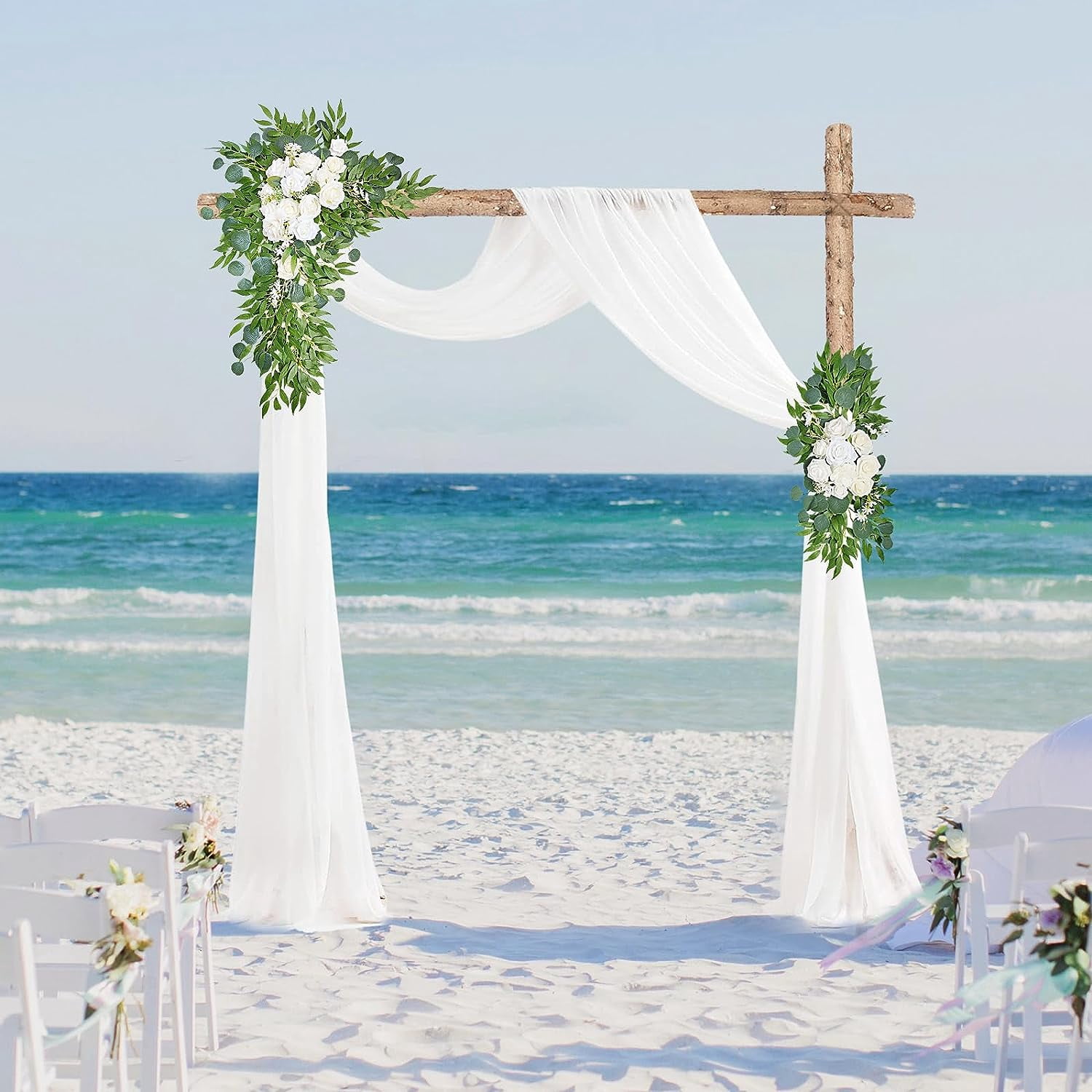 Trianu Hanging Wedding Arch Flowers Kit Includes 2 Pcs Artificial Flower Arrangement 2 Pcs Drapes for Ceremony Arbor Backdrop Floral Decor, White