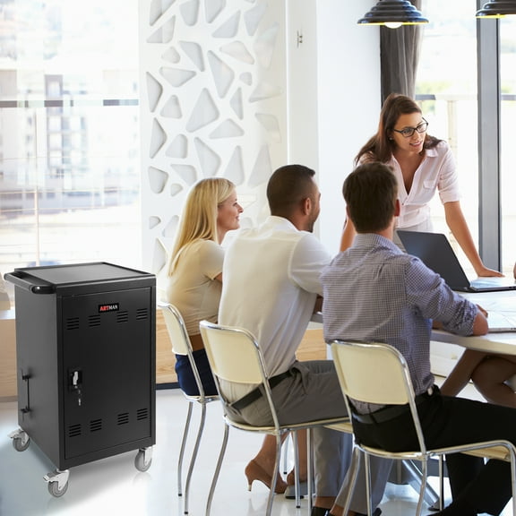 32 Device Mobile Charging Cart and Laptop Storage Cabinet Cart, School Charging Cart Station with 4 Wheels, Front & Back Access Locking Cabinet, Cable Management Dividers, UL Safety-Certify, Black