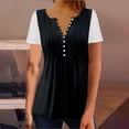 thumbnail image 2 of Plebaso Hauts d'Été pour Femmes Patchwork Dentelle Manches Courtes Tunique Décontractée Boutonnée Col en V Blouses Habillées, 2 of 6