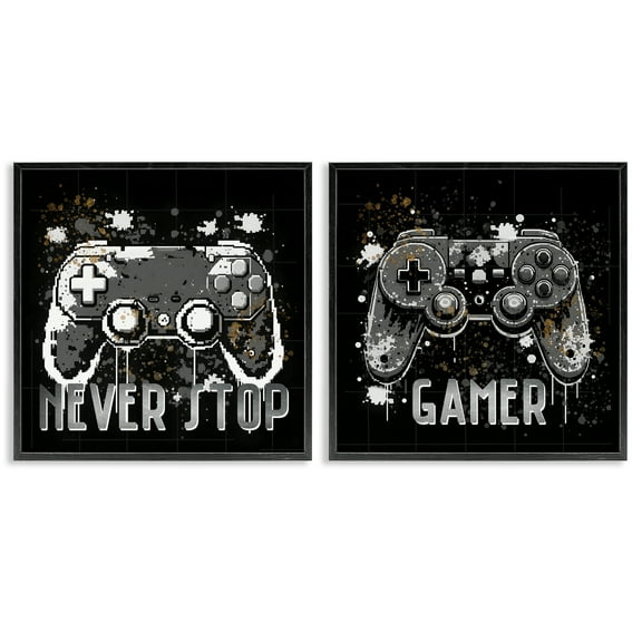 Stupell Industries Never Stop Modern Gamer Entertainment Painting Black Framed Art Print Wall Art, 12 x 12, Set of 2