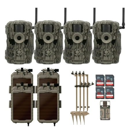 Stealth Cam 36MP Fusion Max Cellular Trail Camera with Infrared Flash (4-Pack) Bundle with Solar Power Panel (4-Pack) Mounting Post (4-Pack) 32GB Memory Card (4-Pack) and Card Reader (17 Items)