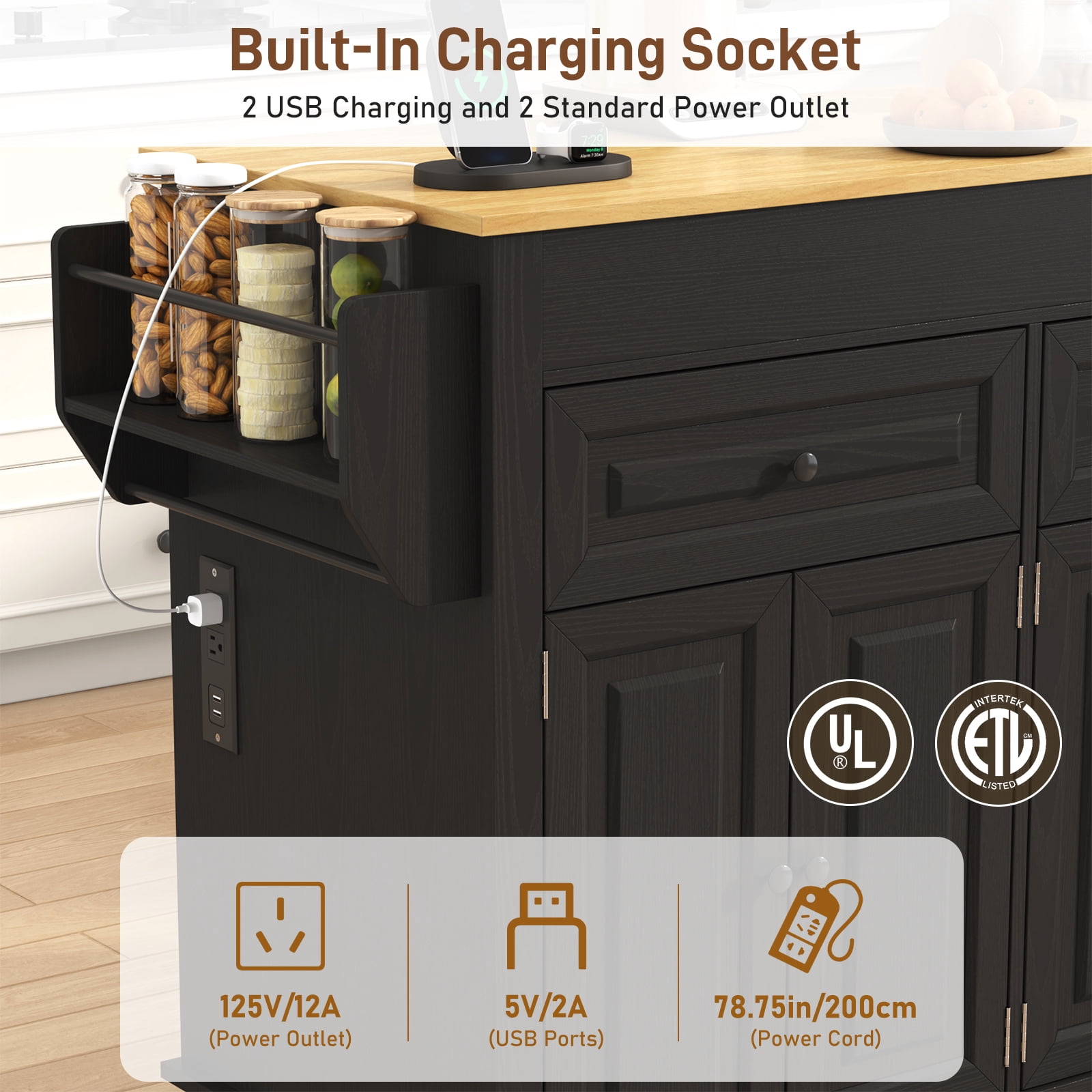 Blotout Large Extendable Kitchen Island Cart (80"-48") - Rolling on Wheels, with Extendable Dining Table, Power Outlet, 2 Cabinets, 2 Drawers & 3 Open Shelves