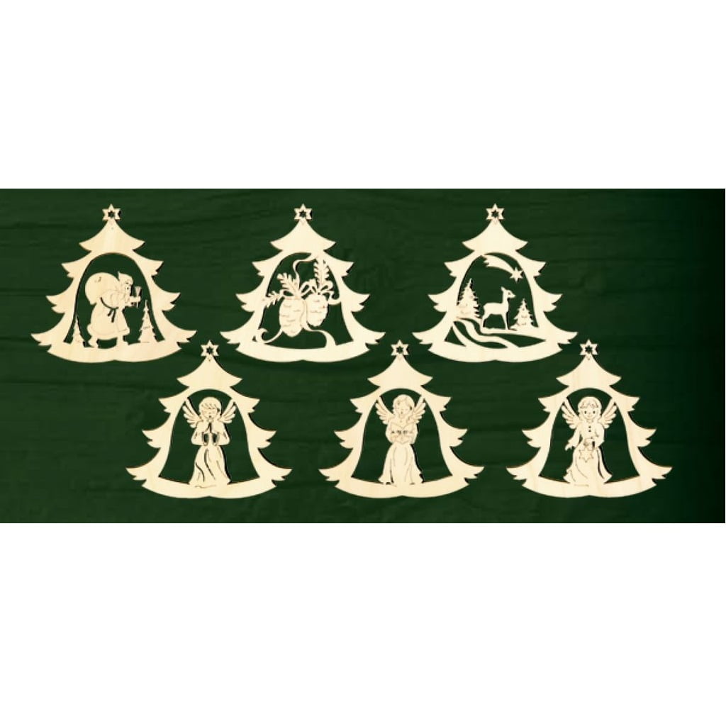 Holiday Motif Christmas Trees German Wood Ornaments Set of 6 Made in