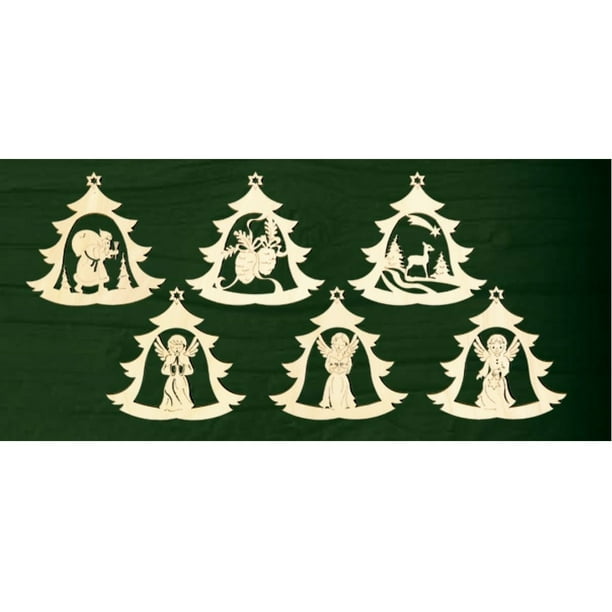 Holiday Motif Christmas Trees German Wood Ornaments Set of 6 Made in
