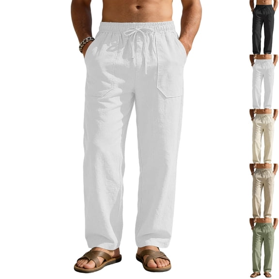 GrmtClth Men's Cotton Linen Pants Summer Breathable Beach Wide Leg | Casual Lightweight Loose Relaxed Fit Elastic Drawstring Waist Soft Cozy Trousers for Men White 3XL