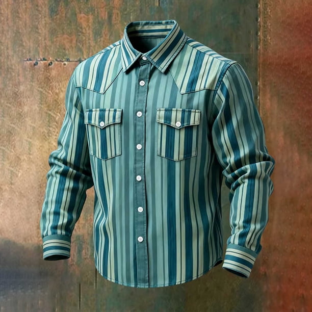 Ceisia Men's Loose Fit Vintage Multi-Green Stripe Print Long Sleeve Cotton Shirt Sky Blue S Gifts