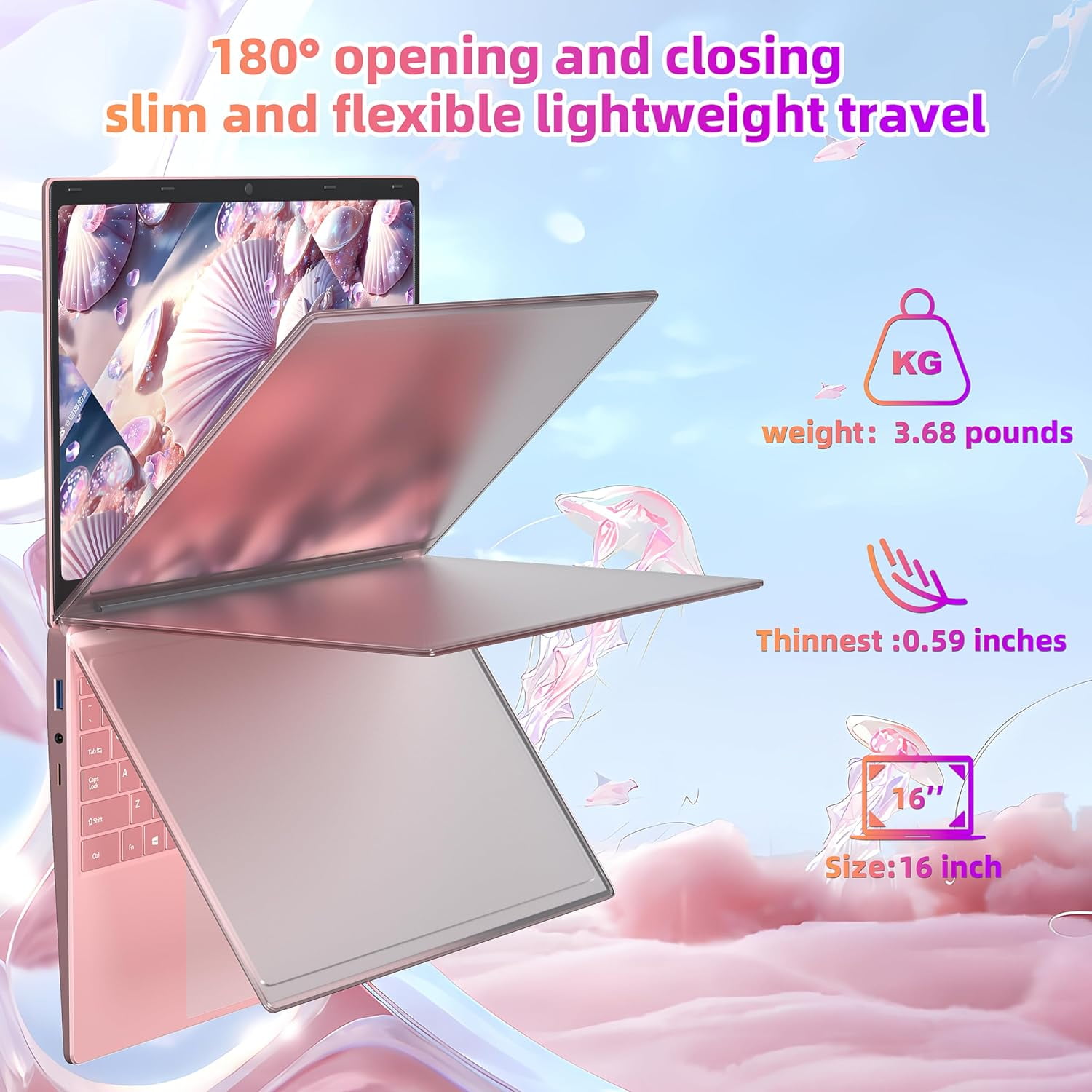 Rumtuk 16" Rose Gold Laptop, DDR4 16GB RAM, 1TB SSD, Win 11 Pro/Office 2019, Celeron N5105 CPU, FHD IPS Display, Backlit KB, Fingerprint, USB 3.0, HDMI, WiFi/BT, PC Notebook for Work, Study