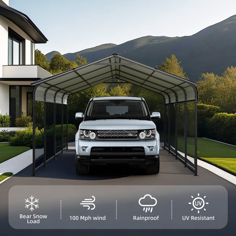 12x20 FT Heavy Duty Metal Carport with Galvanized Steel Roof & Reinforced Base – Outdoor Shelter for Cars, Trucks, Boats – Gray